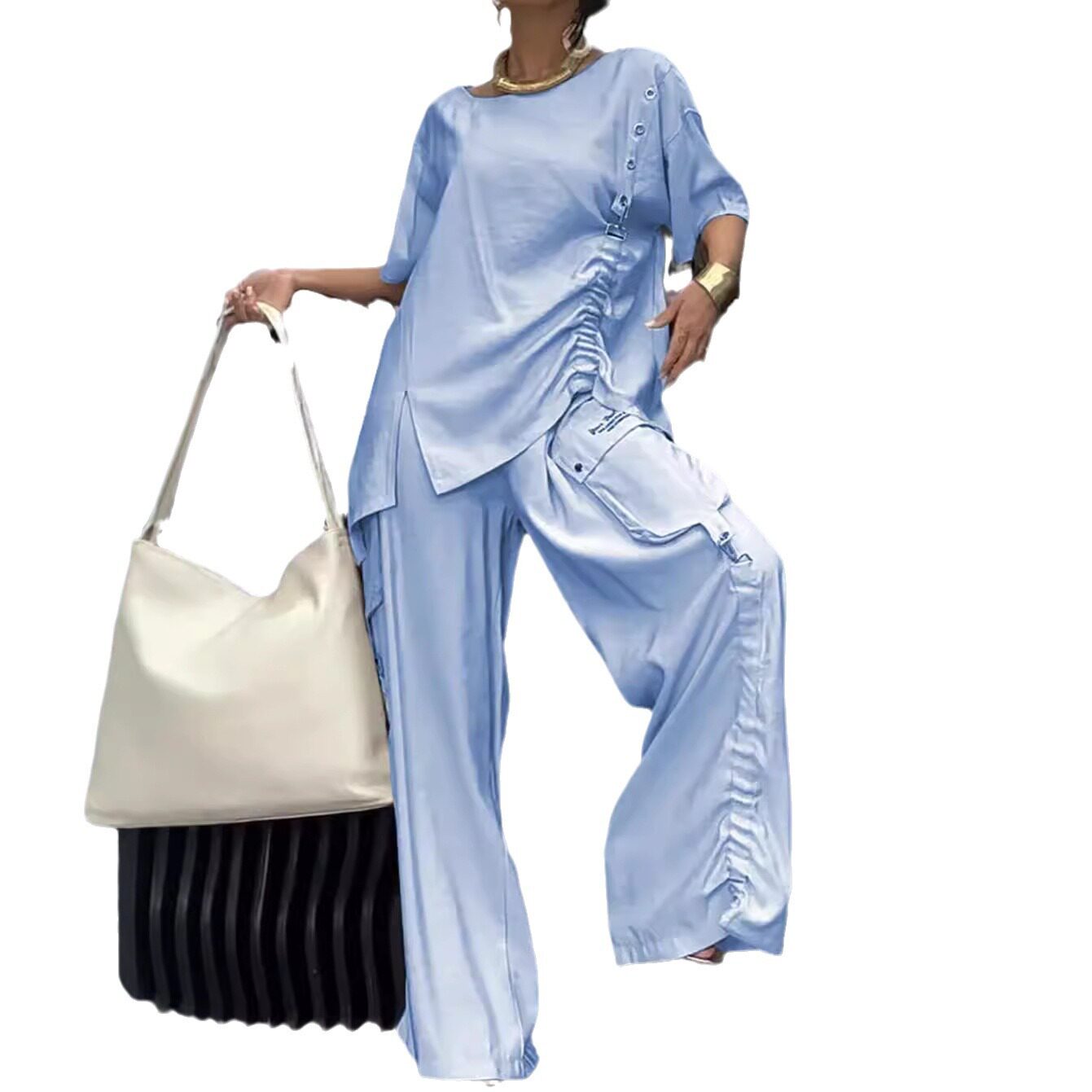 Womens Casual Two Piece Set Round Neck T Shirt and Long Pants Summer Fashion for Everyday Wear Wholesale Available