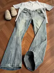 Men's Straight Loose American High Street Vibe Jeans with Burst Lightning Pattern, Trendy Brand, Stylish Heavy-Duty Flared Pants