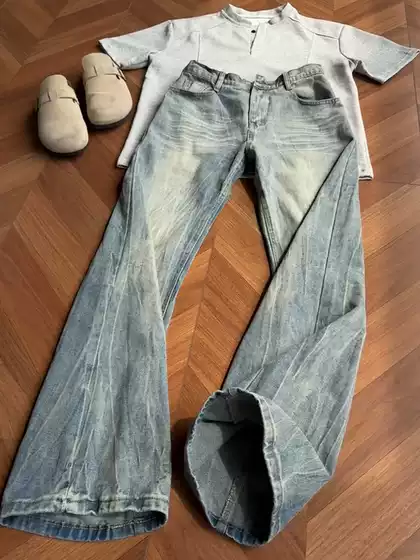 Men's Straight Loose American High Street Vibe Jeans with Burst Lightning Pattern, Trendy Brand, Stylish Heavy-Duty Flared Pants