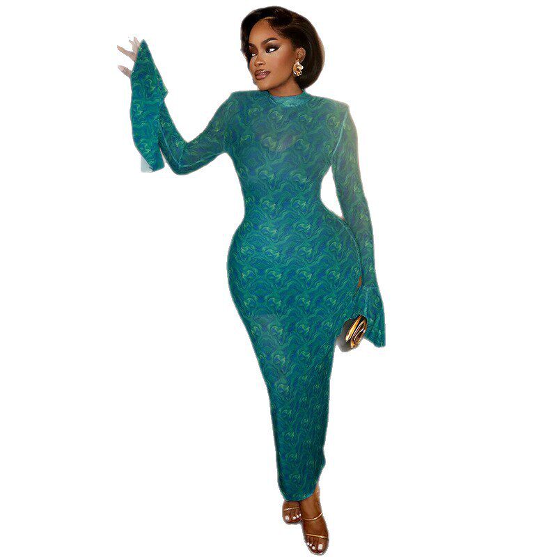 Retro Color Block Bodycon Dress for Women Long Sleeve Round Neck Semi Sheer Casual Chic Style Wholesale Available