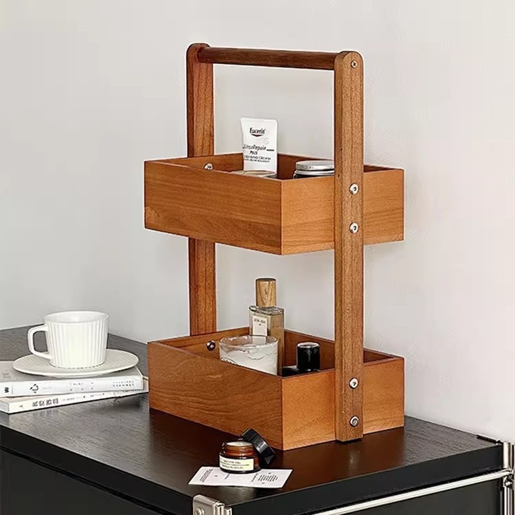 Double-Layer Solid Wood Storage Rack Living Room Desktop Fruit Snack Storage Basket Kitchen Storage Wooden Multi-Layer Storage Rack