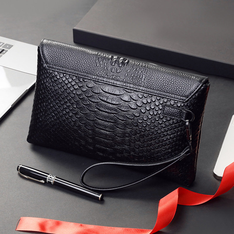 High-End Crocodile Pattern Men's Clutch Bag Black Genuine Leather Soft Leather Wallet New Large-Capacity Envelope Bag Clutch Bag