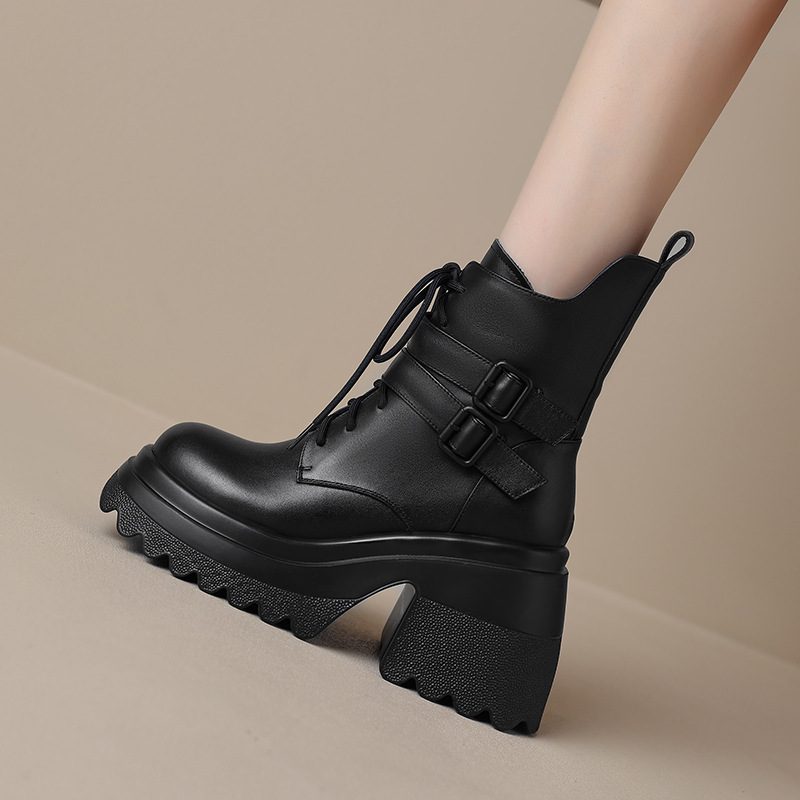 Boot nữ gót dày 10cm cổ thấp da bò thật, đế cao su chống trượt, khóa kéo bên — Lớp lót đơn màu be, Lớp lót đơn màu đen, Lớp lót nhung đen, Lớp lót nhung màu be