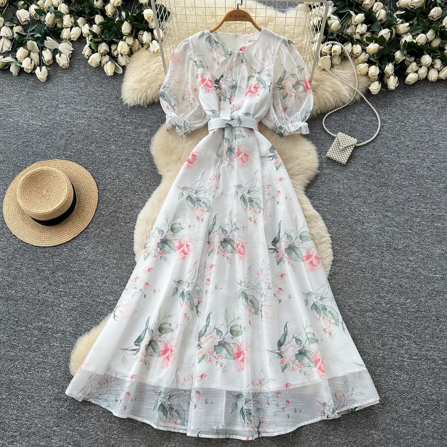 French Romantic Floral Tie Dress Summer V Neck Short Sleeve Waist Defined A Line Elegant Casual Wear Wholesale
