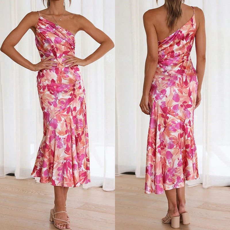Elegant Floral Print Mermaid Maxi Dress Sexy Spaghetti Strap Asymmetrical Neckline Chic for Office or Evening Wear