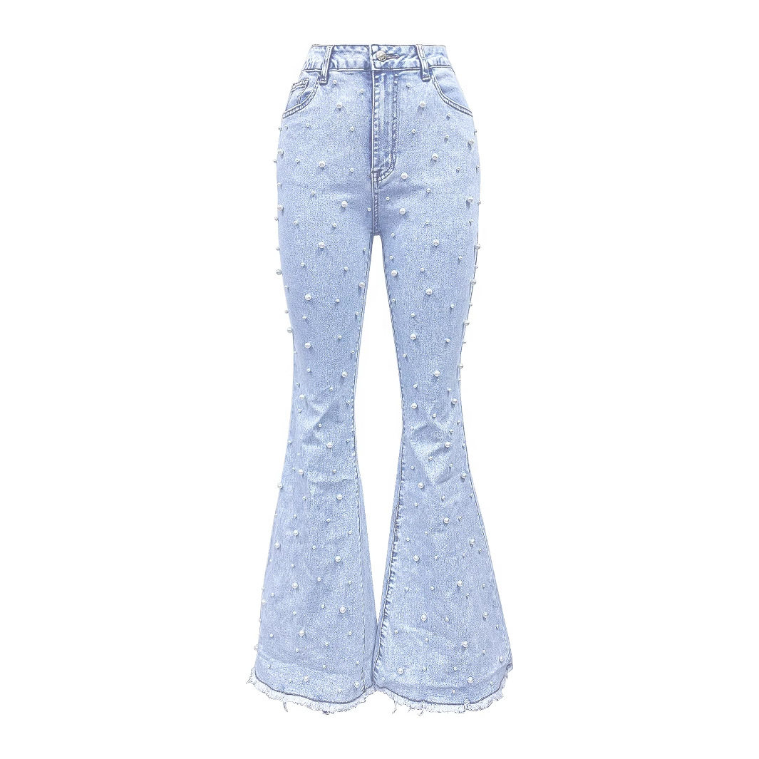 Womens Stretchy Flared Pearl Studded Denim Jeans Versatile Casual Style Perfect for Everyday Wear Wholesale Available