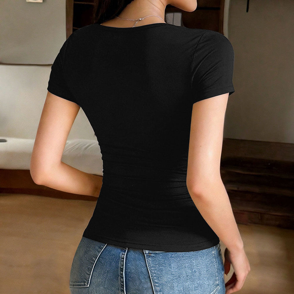Lace Short Sleeve Top Square Neck Slim Fit Adjustable Tie Design Versatile Summer T Shirt Wholesale Available
