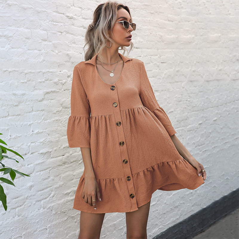Loose Fit Solid Color Doll Dress Short Sleeve Lapel Design Casual Style Perfect for Spring and Summer Wholesale