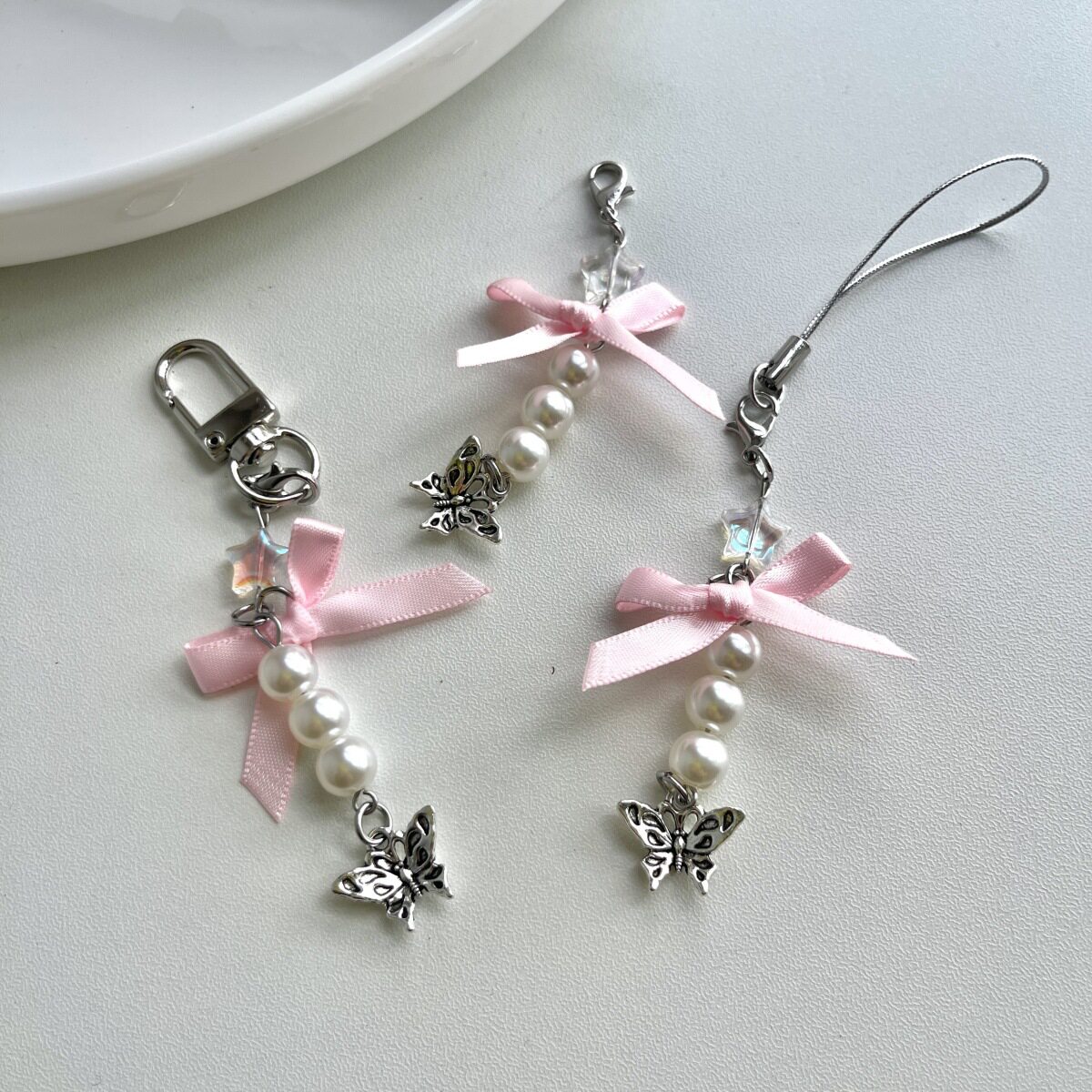 Original Pink Bow Beaded Phone Strap Bag Chain Keychain Cute Handmade Beaded Hanging