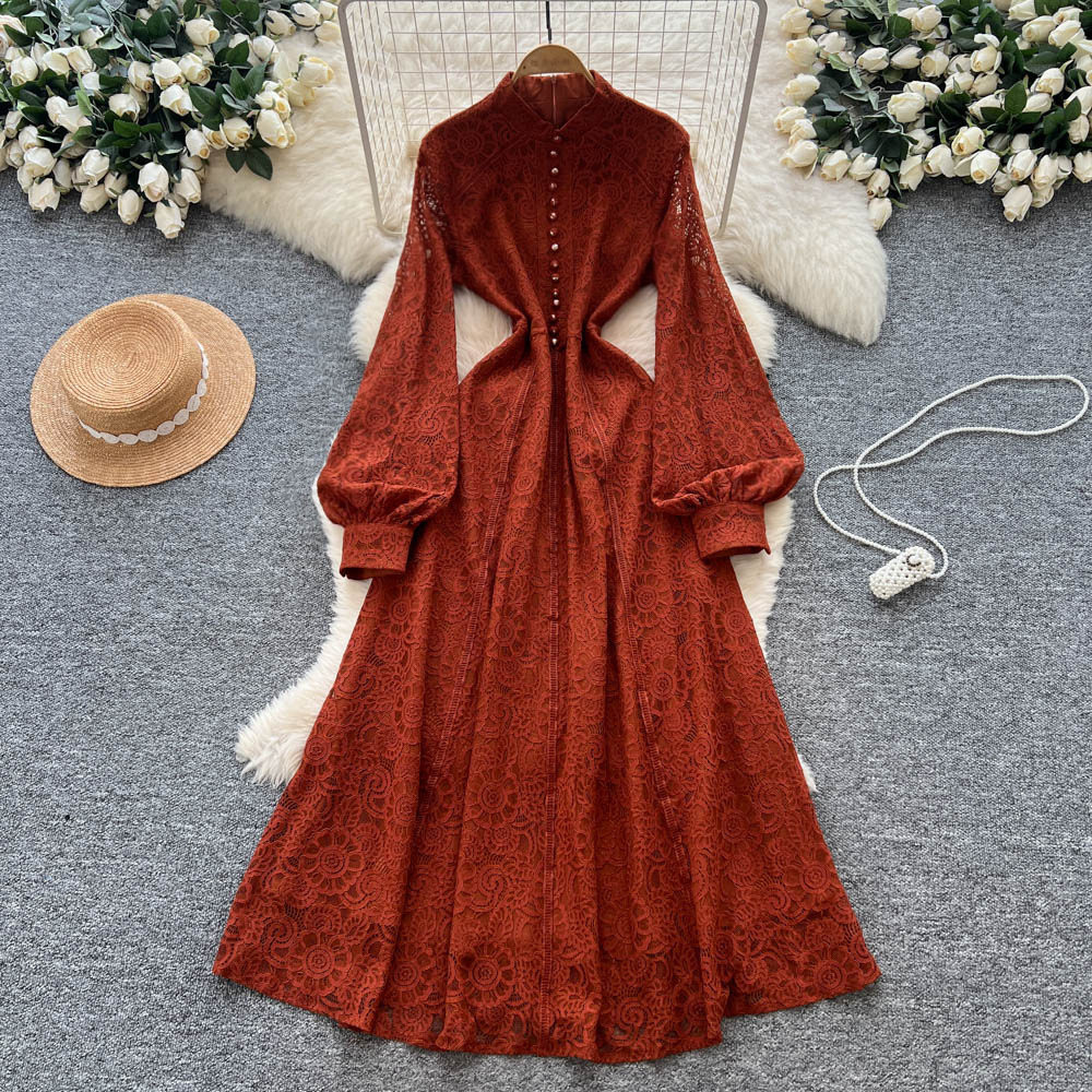 French Court Style Dress Elegant Lace Slim Fit Single Breasted Long Sleeve Autumn Fashion for Women Wholesale