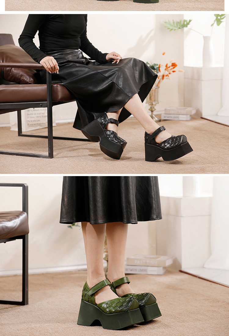 Sandal nữ quai ngang đế dày mũi vuông bằng da bò thật — màu đen, Xanh lá cây