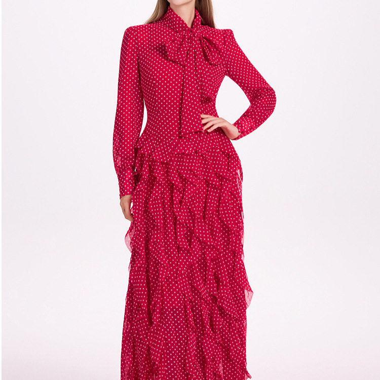 French Court Style Polka Dot Mermaid Maxi Dress Ruffled Hem Waist Defining Scarf Collar Elegant Evening Wear