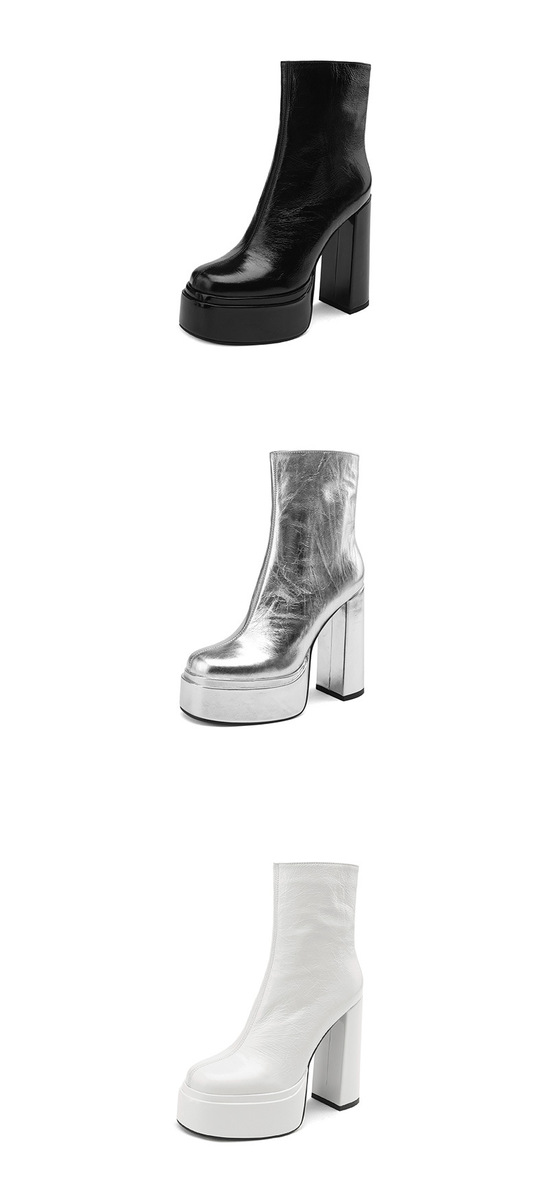 Boot nữ cổ ngắn gót thô 13,5cm mũi tròn có khóa kéo bên hông — Lớp lót đơn màu bạc, Lớp lót đơn màu đen, Lót đơn màu trắng, Lót nhung đen
