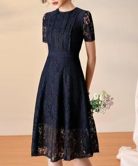 Lace Hollow Out Midi Dress Summer Collection Flattering A Line Silhouette Round Neck Comfortable Fabric Wholesale