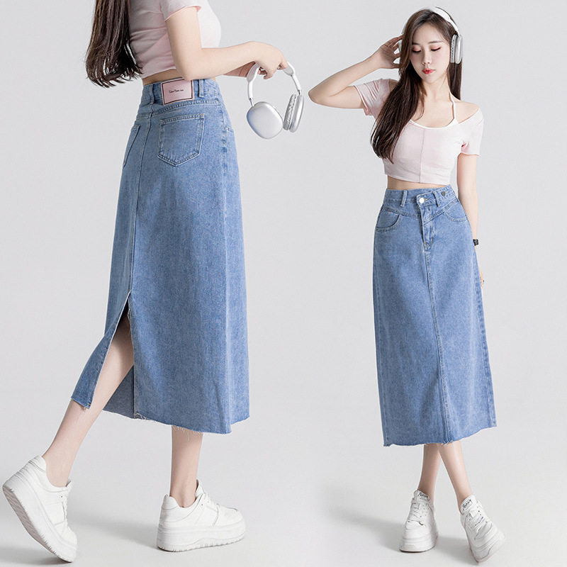 Fashionable High Waisted Denim Midi Skirt for Women Vintage Split Design A Line Silhouette Slim Fit Summer Casual