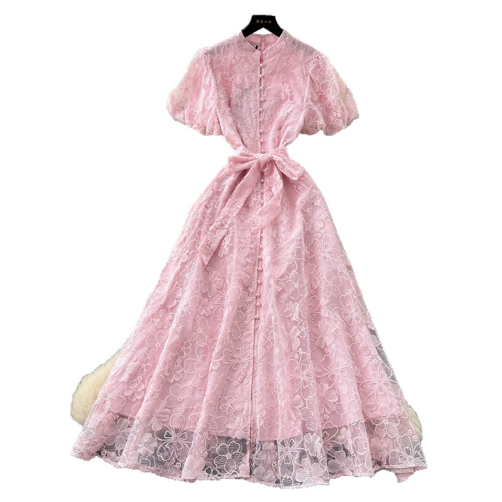 Elegant Lace Embroidered Dress High Waist A Line Silhouette Summer Style Perfect for Office and Formal Events