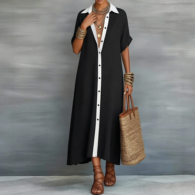 Womens Spring Dress Fashionable Casual Style Loose Fit Button Design Solid Color Perfect for Everyday Wear