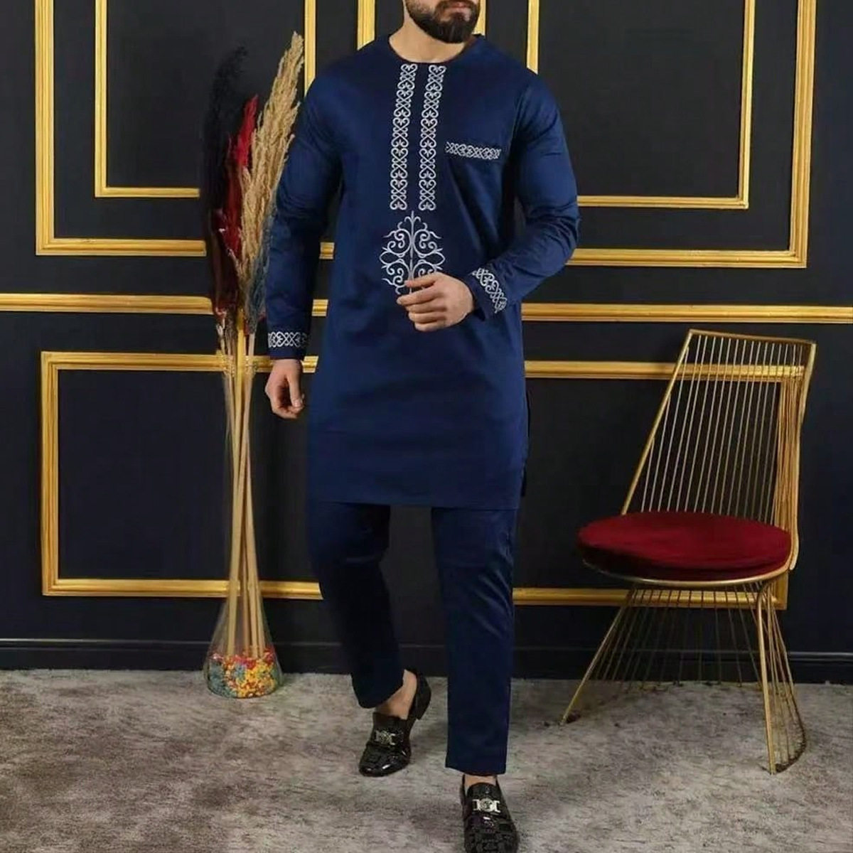 2023非洲民族风男士休闲套装2件套长袖纯色拼接衬衫和裤子套装