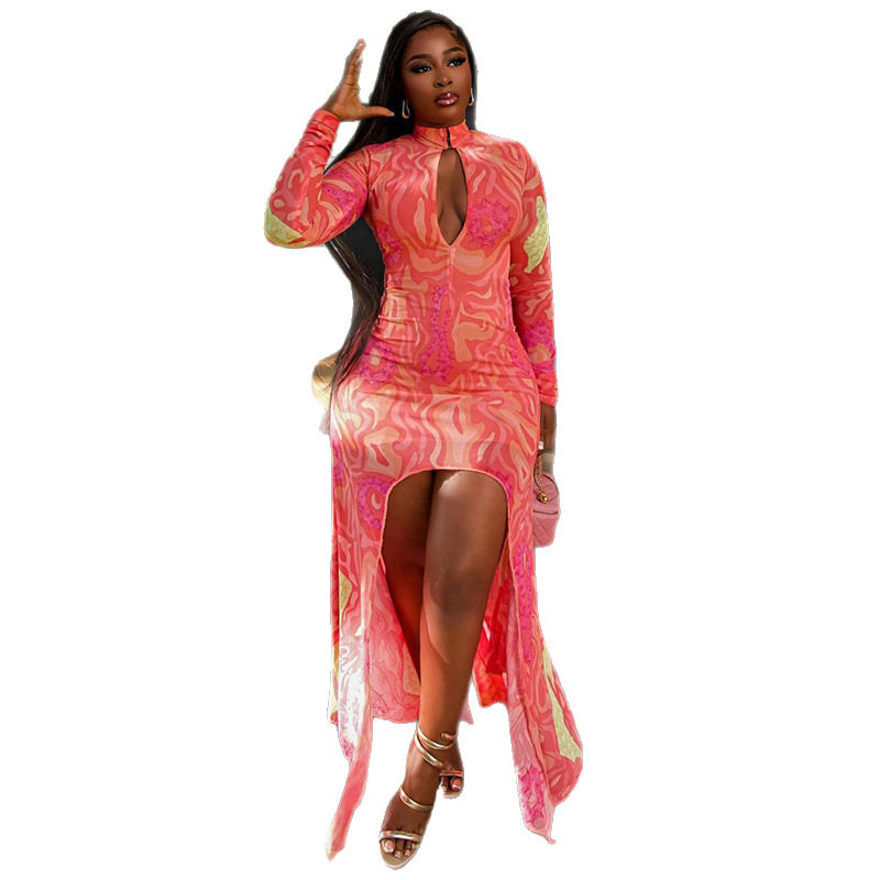 Deep V Neck Hollow Out High Slit Bodycon Dress Floral Print Spring Summer Beach Vacation Wholesale Available