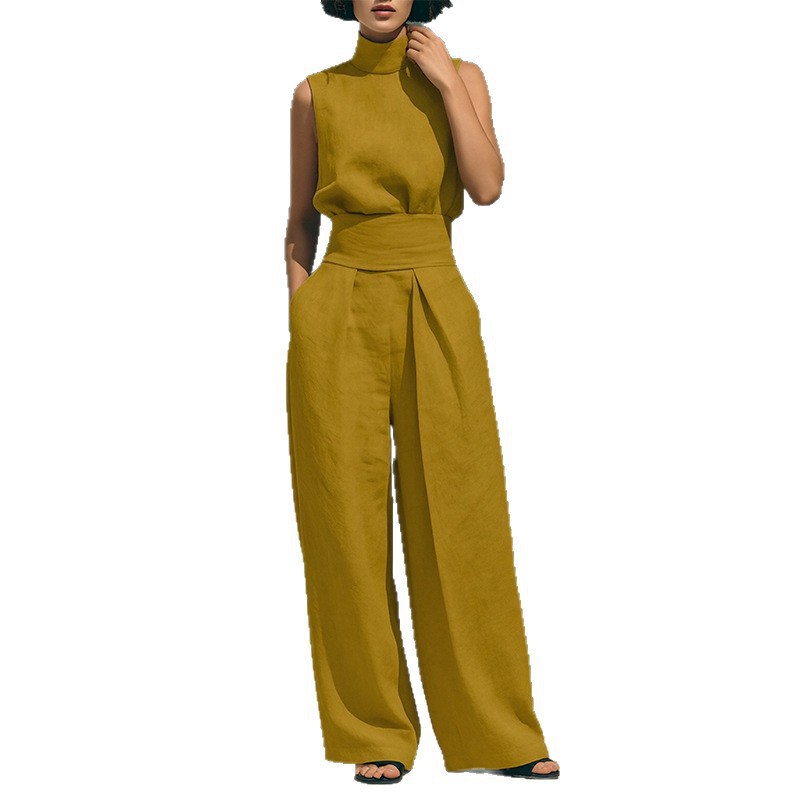 Womens Spring Outfit Set Elegant Solid Color High Neck Sleeveless Straight Leg Pants Perfect for Casual or