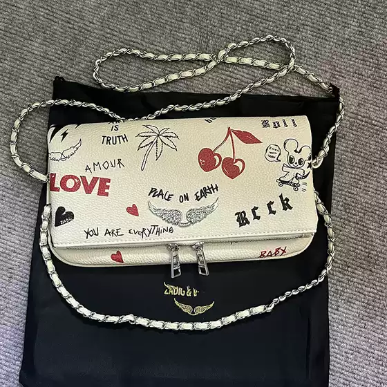 Zv Bag New French-Style Foreign Trade Illustration Print Classic Fashion Versatile Chain Flap Crossbody Shoulder Wing Bag for Women