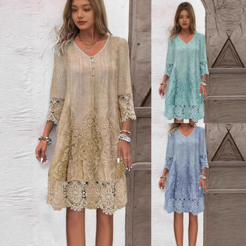 In-Stock Amazon Temu Cross-Border European and American Fashion 2025 New Spring and Summer Popular Solid Color Lace Trim Dress