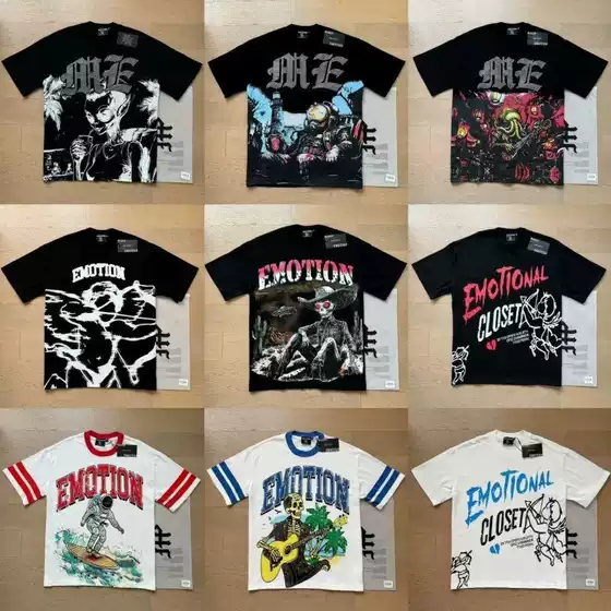 Mixed Emotion Retro Rhinestone Letter Print Summer High Street Loose Casual Unisex Round Neck Short-Sleeve T-Shirt