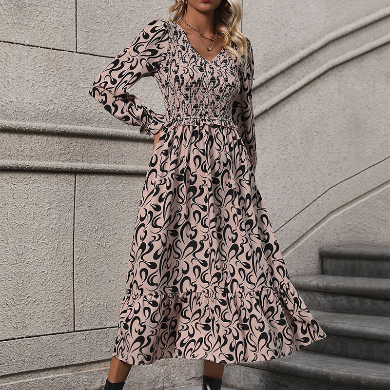 Vintage Inspired Long Sleeve V Neck Dress Abstract Print Casual Vacation Ready Wholesale Availability