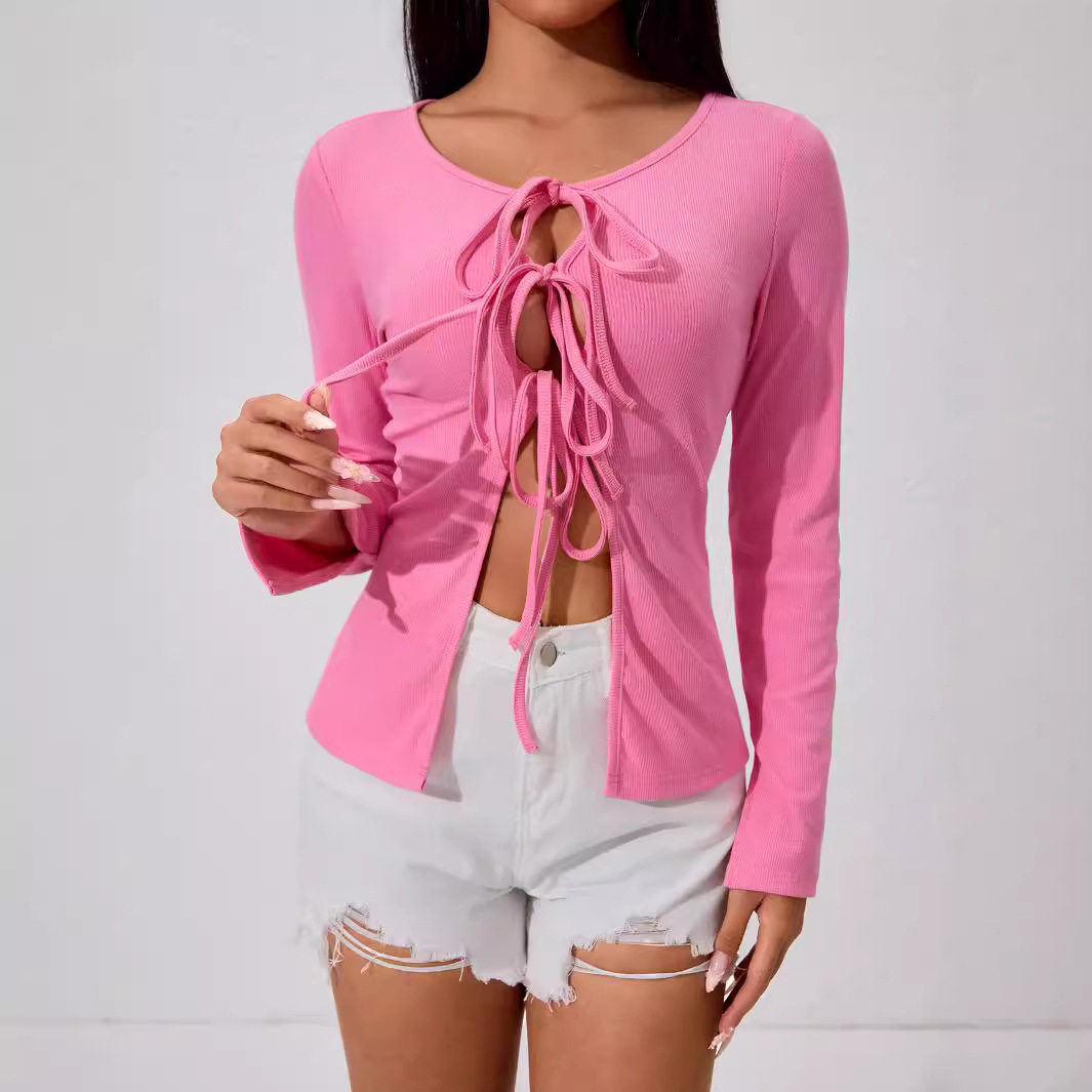 Womens Sexy Tie Front Cardigan T Shirt Elegant Design Spring Summer Style Vivid Fuchsia Color Wholesale Available