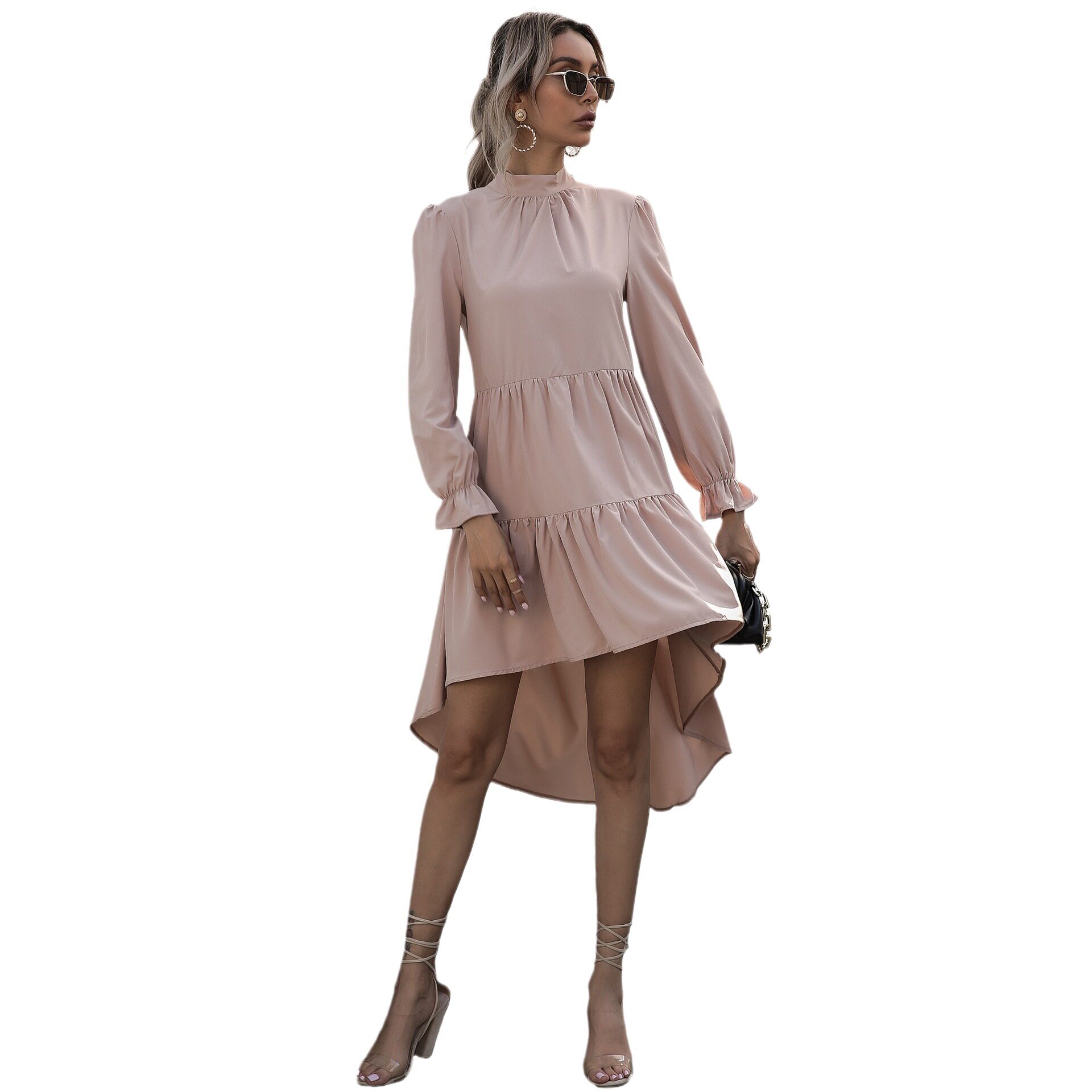 Plus Size Solid Color Asymmetrical Midi Dress Long Sleeve High Neck Fashionable Design Ideal for Casual or Formal