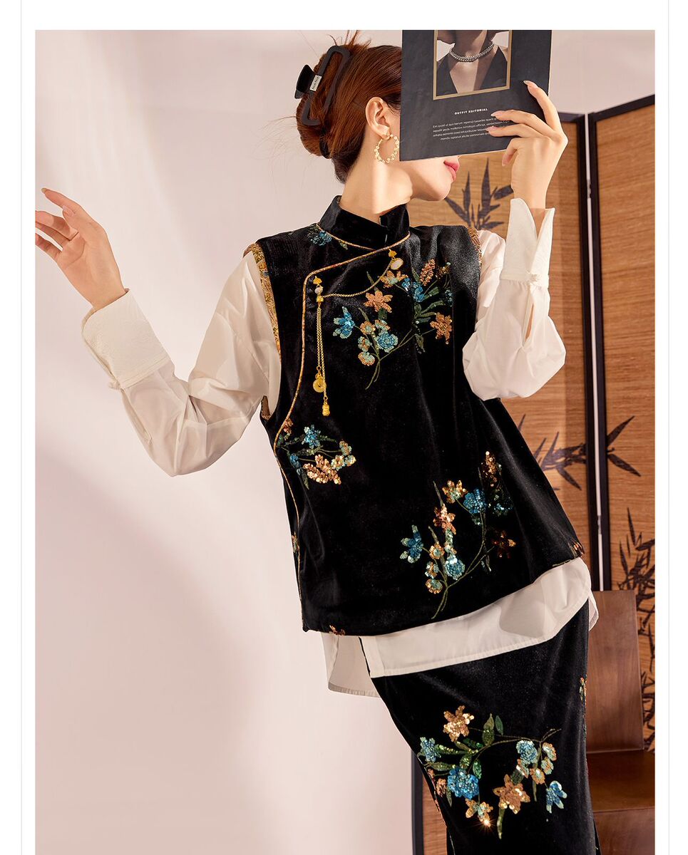 Bộ vest và chân váy dài dáng đuôi cá thêu hoa đính sequin sang trọng — Váy thêu (giao hàng trong 7 ngày), Váy thêu (giao hàng trong ngày), Áo vest thêu (giao hàng trong 7 ngày), Áo vest thêu (giao hàng trong ngày)