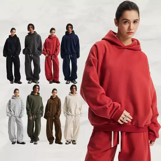 430g Heavyweight American-Style Hooded Sweatshirt Set with Fleece, Oversized Loose Lazy Casual Scimitar Sweatpants