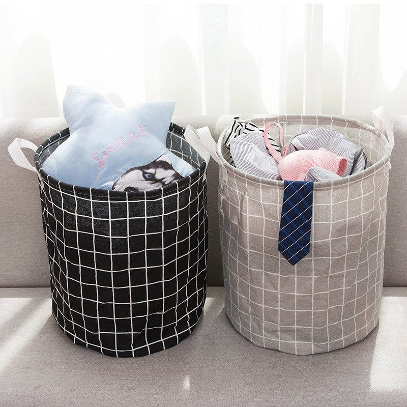 Household Fabric Laundry Basket Storage Bin Round Cotton and Linen Dirty Clothes Basket Toy Miscellaneous Items Grid Storage Foldable Laundry