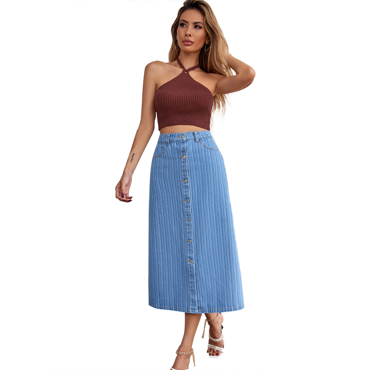 High Waisted Denim Skirt Flared A Line Casual Style Versatile Fit Perfect for Everyday Wear Wholesale Available