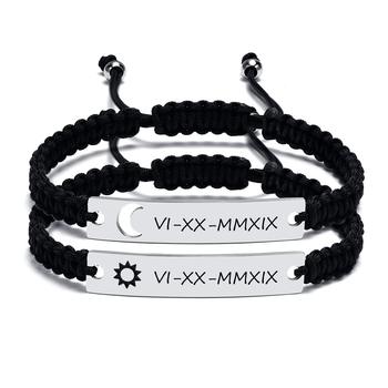 Stainless Steel Bracelet Couple Curved Moon Hollow Lettering Braided Adjustable Curved Braided Bracelet Set