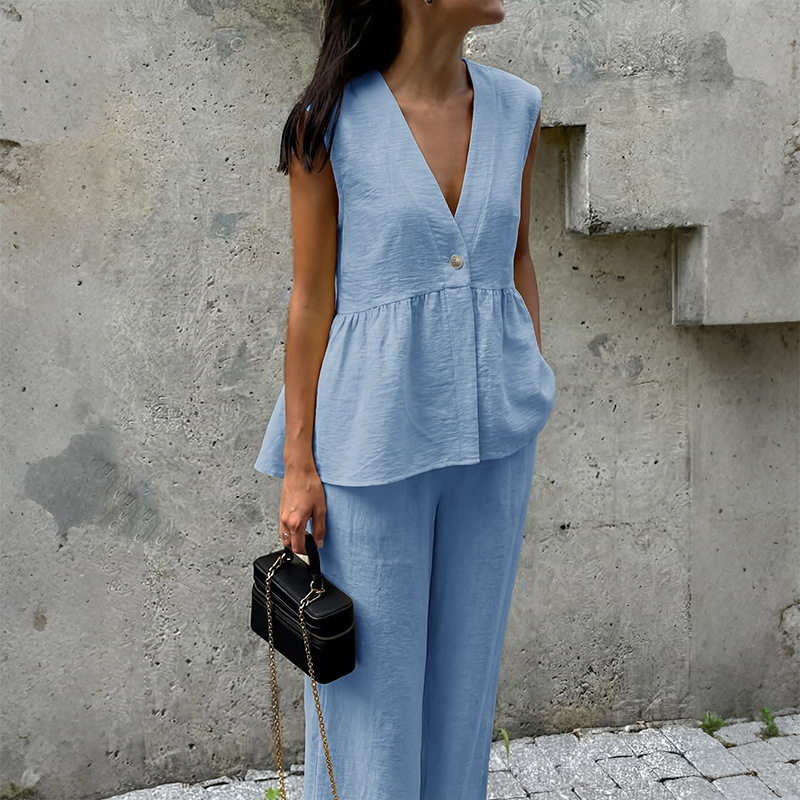 Sleeveless V Neck Vest and Pants Set Sweet Commuter Style Lightweight Linen Blend Wholesale Available