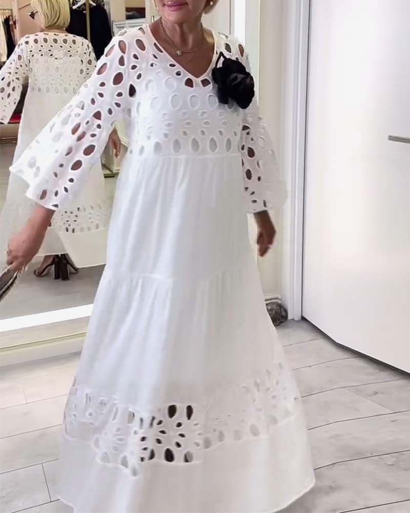 Elegant Lace Hollow Out Maxi Dress Loose Fit V Neck Fashionable Style Perfect for Summer Events Wholesale Available