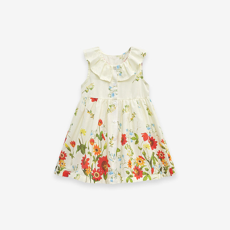 Girls' Summer Cotton Short-Sleeve Princess Dress, Ruffled Lotus Collar Kids' Dress