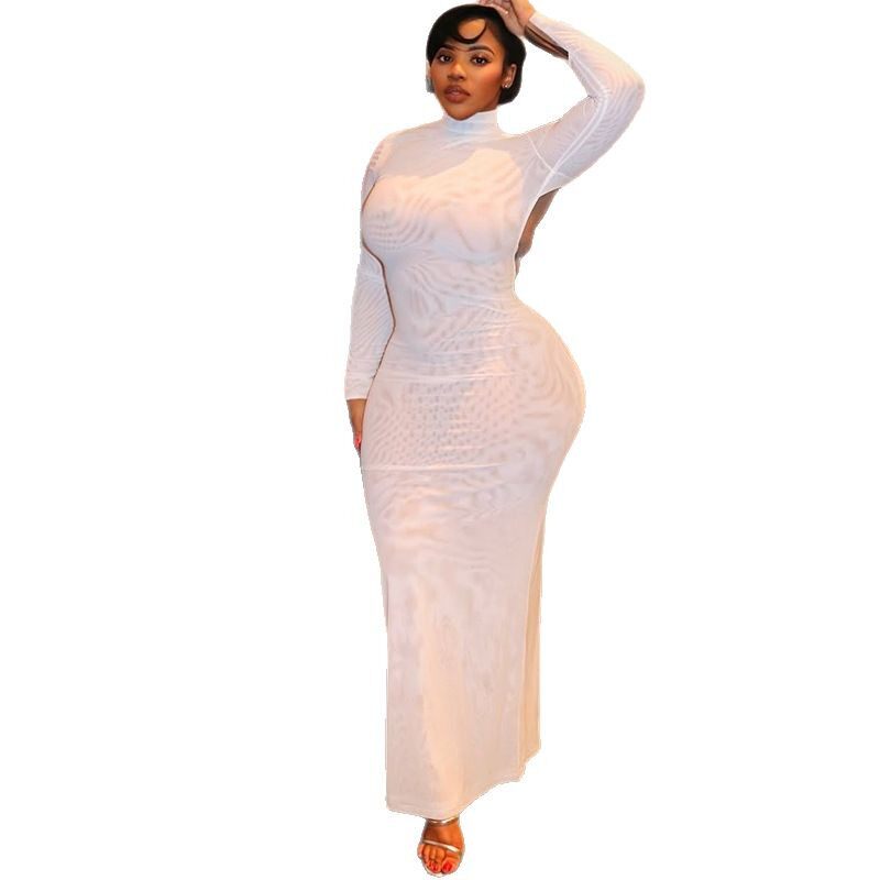 Elegant Backless Tie Back Bodycon Dress Long Sleeve Stand Collar Slim Fit Perfect for Parties and Formal Events