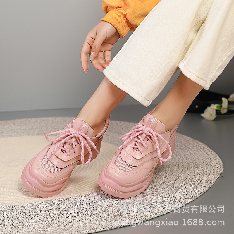 Giày Thể Thao Nữ Chất Liệu Da Bò Cao 10cm Lưới Mỏng Tăng Chiều Cao Thoáng Khí Đế Cao Hàng Mùa Xuân Thu Đông