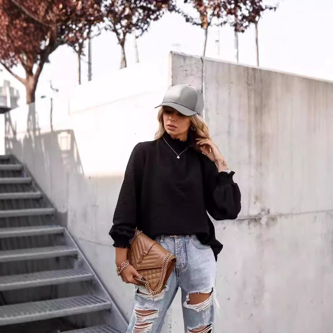 2024欧美外贸亚马逊独立站跨境新款秋冬女装高领长袖百搭街拍上衣