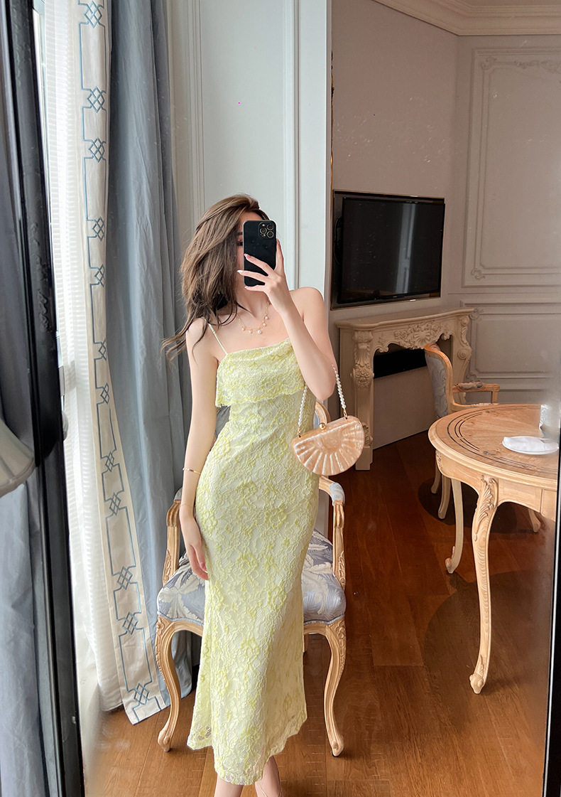 Đầm ôm body nữ cổ yếm dáng dài, chất liệu ren phối khóa kéo sau, phù hợp dạo phố hè — [Xanh lá] chi tiết 5
