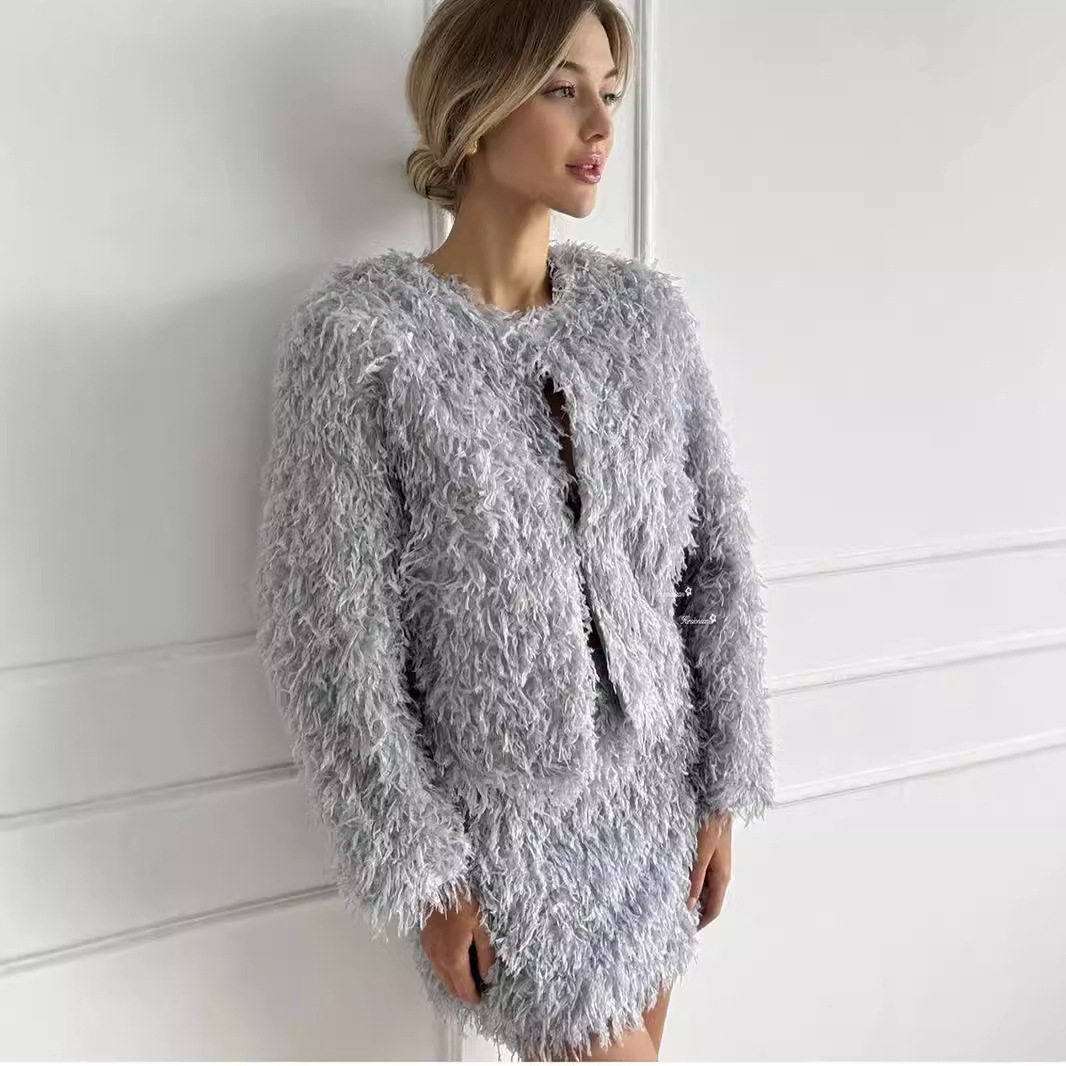 Fringe Jacket Set for Women Elegant Short Top and Skirt Autumn Winter Fashion Wholesale Available