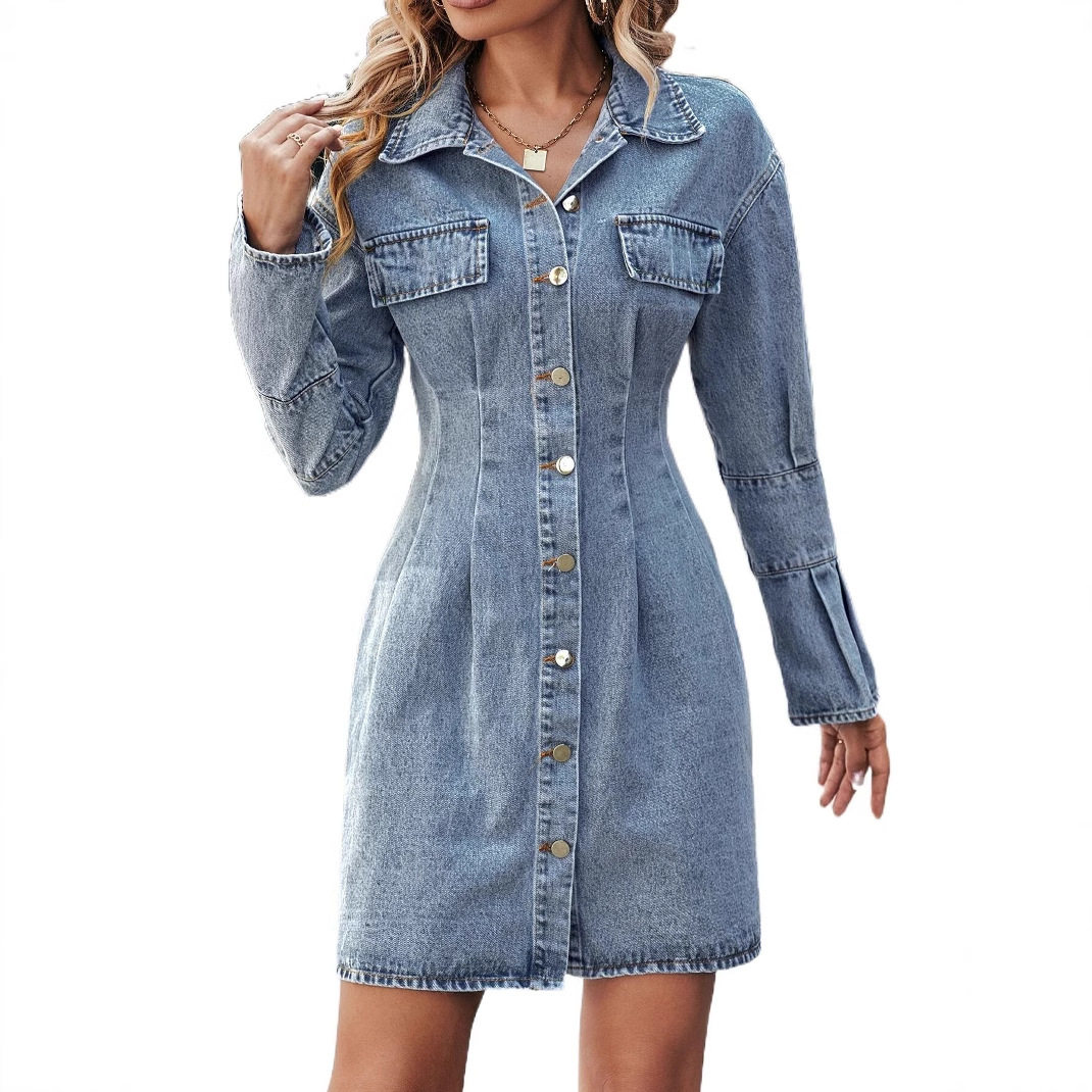Vintage Slim Fit Denim Dress Waist Defining Elegant Comfortable Perfect for Casual Outings or Summer Events