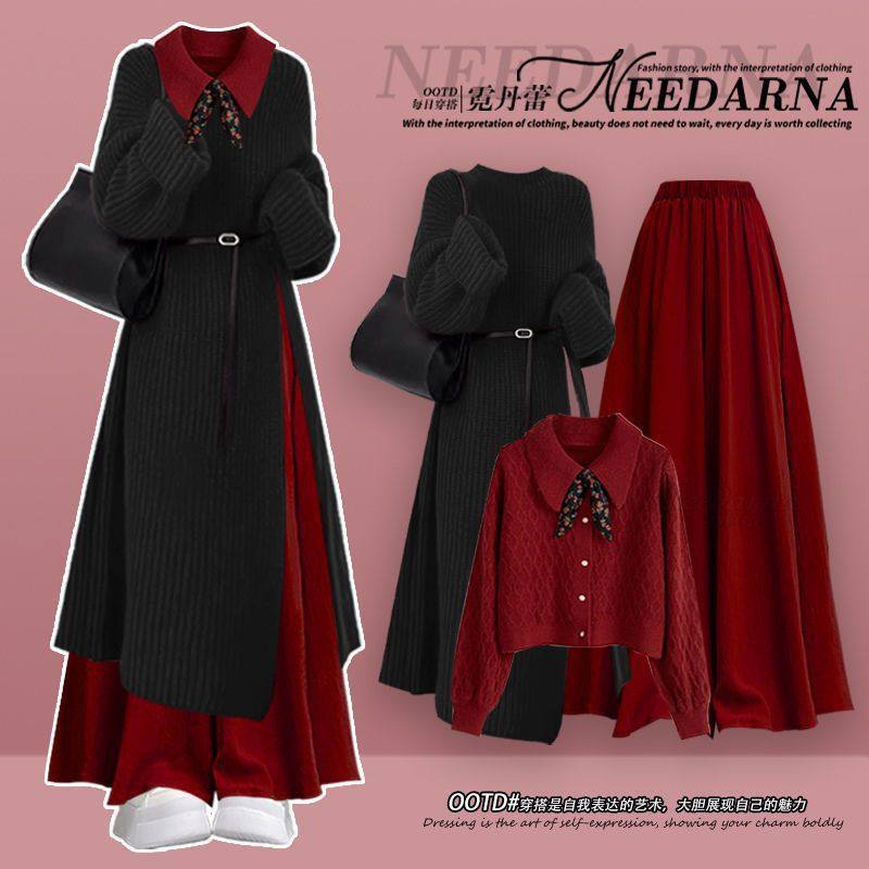 Autumn and Winter Outfits, a Complete Set of New Lazy Style Knitted Sweaters, Slimming and Versatile Skirts, Two-Piece Set