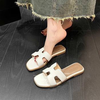 Trendy Korean-Style Women's Summer Leather Flat Sandals for Travel and Beach Versatile H Slippers