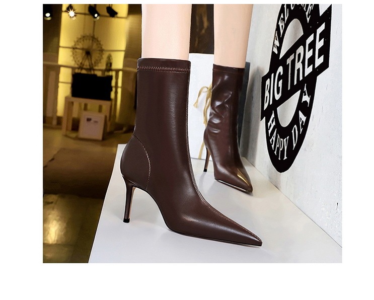 Boot nữ cổ thấp mũi nhọn gót nhọn cao 7.5cm phong cách thanh lịch — Màu đen lót một lớp, Màu đen lót nhung, Màu Kaki lót nhung, Màu Kaki một lớp lót trong