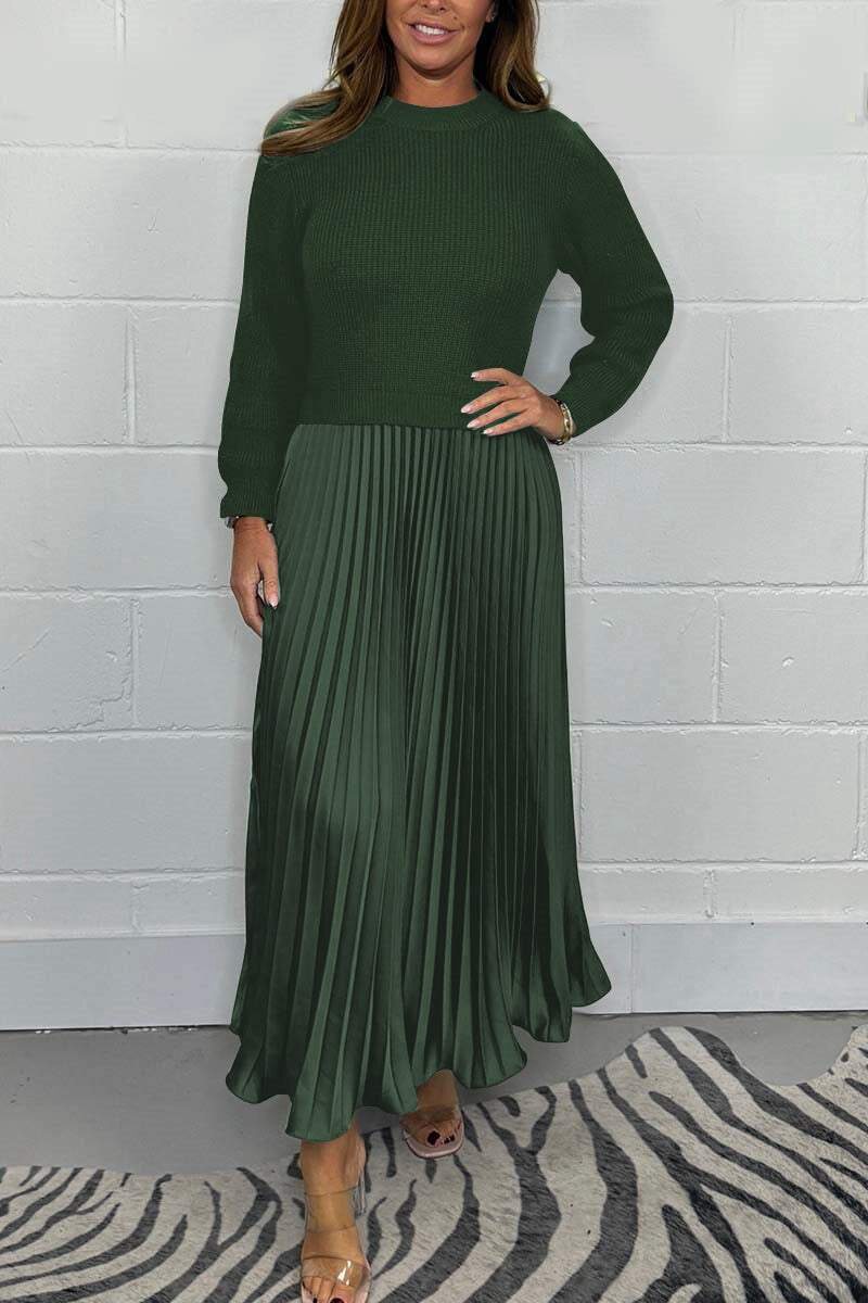 Knitted Long Sleeve Color Block Dress Solid Color Pleated Design Stylish for Fall Winter Wholesale Available