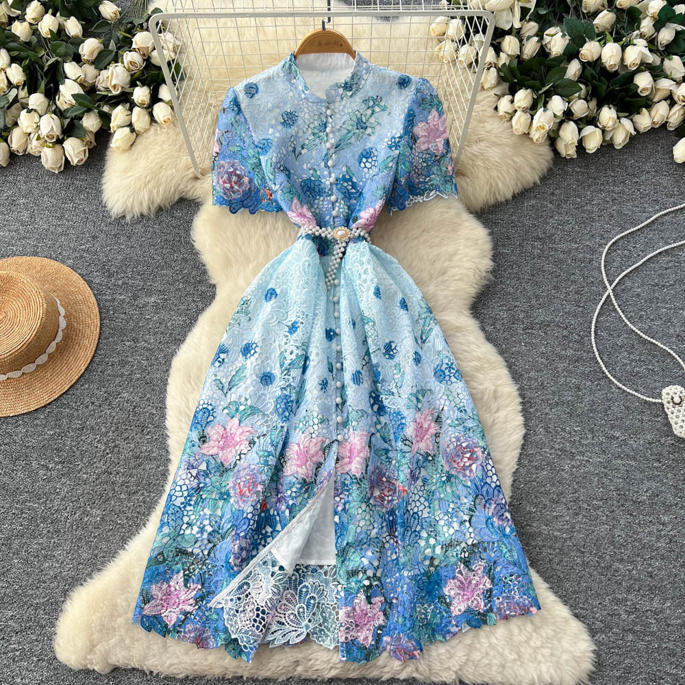 Vintage Lace Print Dress French Design Hollow Out High Waist A Line Silhouette Elegant for Parties or Special