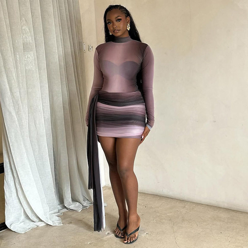 Gradient Color Block Bodycon Dress Breathable Fabric Long Sleeves Stand Collar Casual or Evening Wear Wholesale